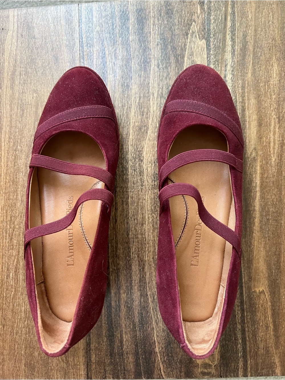 L’Amour des Pieds Berency Maroon Red Suede Mary Jane Elastic Strap Mini Wedge 8